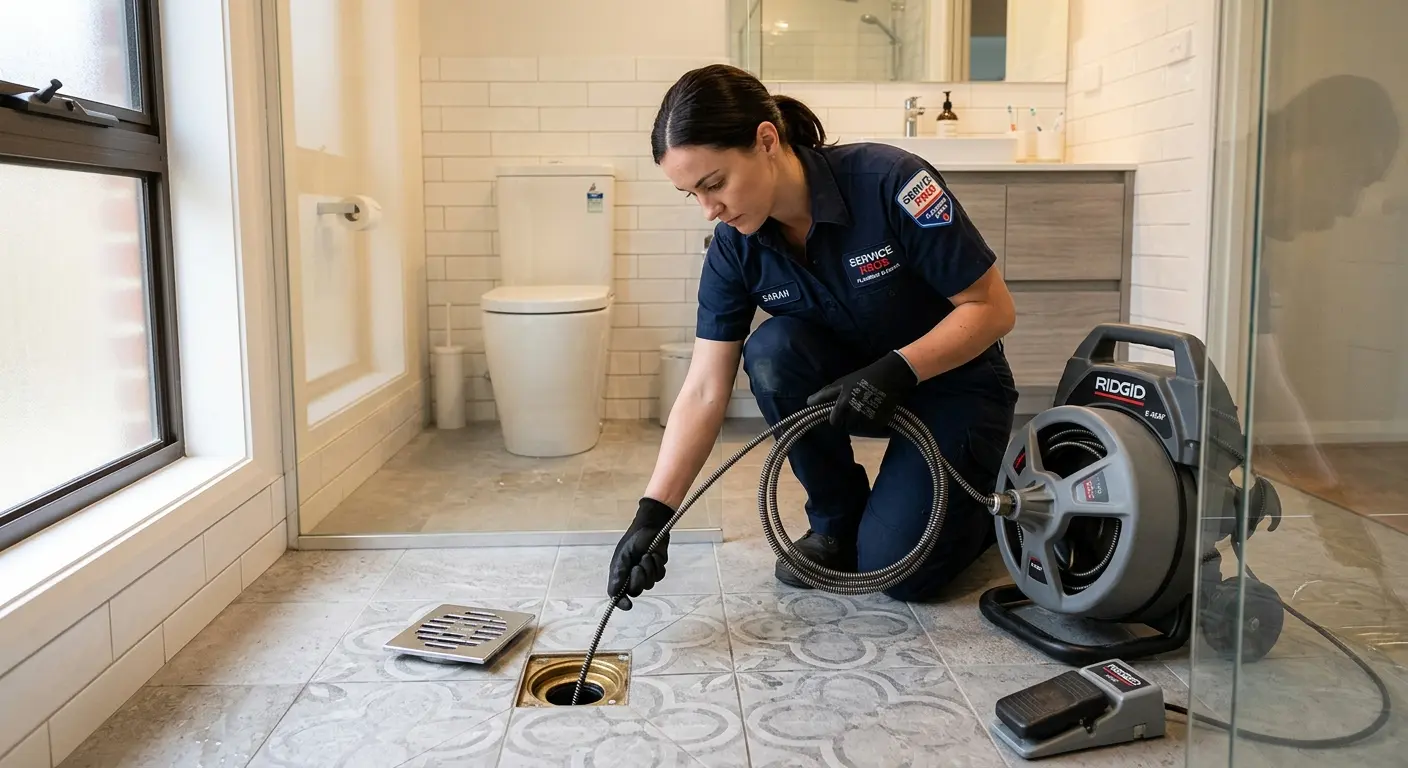 Technician clearing a bathroom floor drain for Clogged Drain Repair in Forest Park